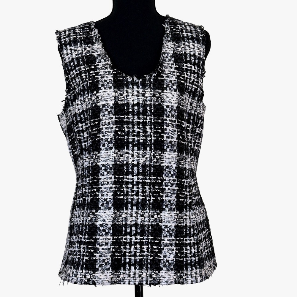 Theory Women's Sculpt U Shell Plaid Rubber Tweed V-Neck Top Size L Academic